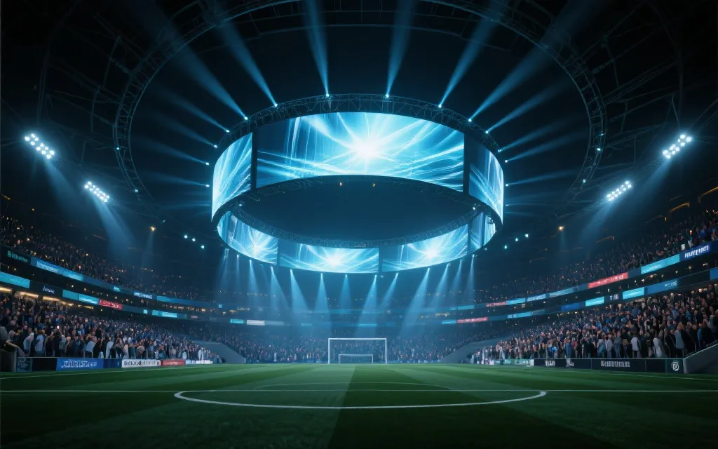 现代足球场内部环形巨幕与灯光秀，观众沉浸式观赛氛围